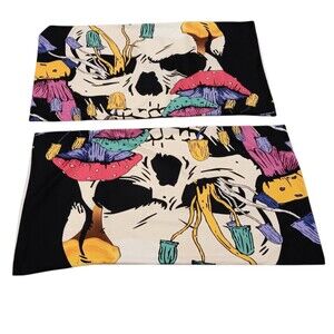 Set Of 2 Graphic Skull And Mushrooms King Size Pillowcases Multicolor 36" x 20"